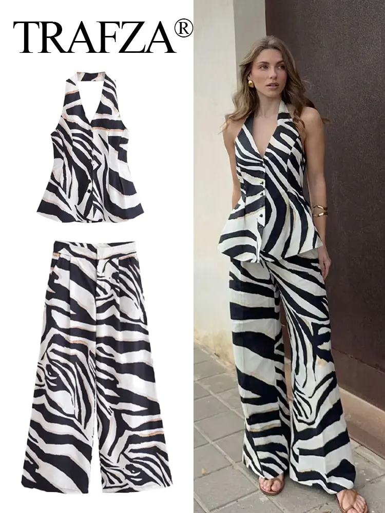 TRAFZA Elegant Women Trouser Suit Button Decorate Sexy Sleeveless Backless Slim Top+Print High Waist Zipper Loose Long Pants
TRAFZA Elegant Women Trouser Suit Button Decorate Sexy Sleeveless Backless Slim Top+Print High Waist Zipper Loose Long Pants