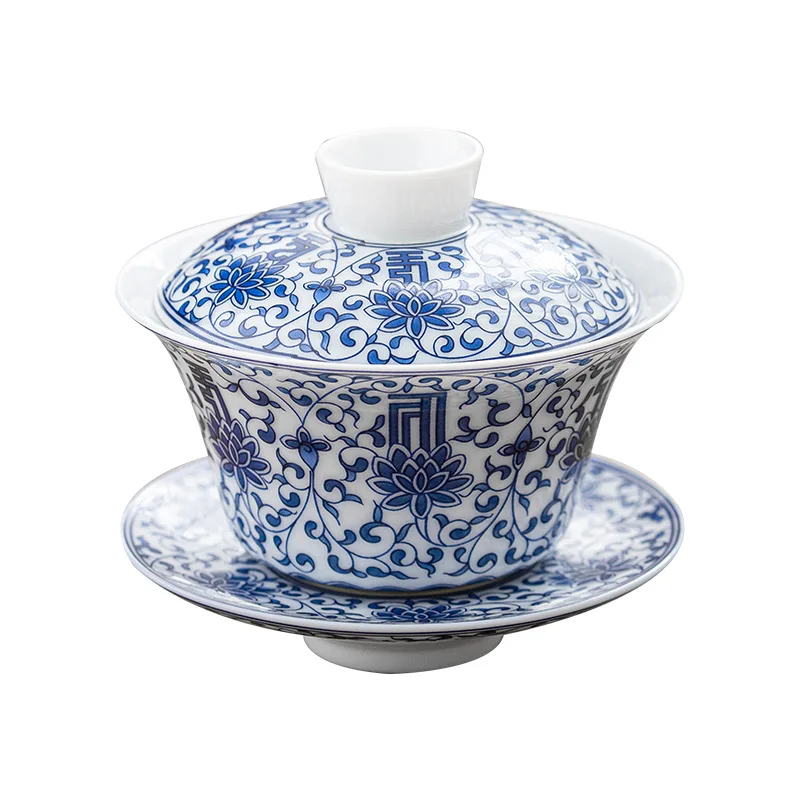 Enamel color blue and white cover bowl tea set, household tea cup company souvenir gift to customers
Enamel color blue and white cover bowl tea set, household tea cup company souvenir gift to customers