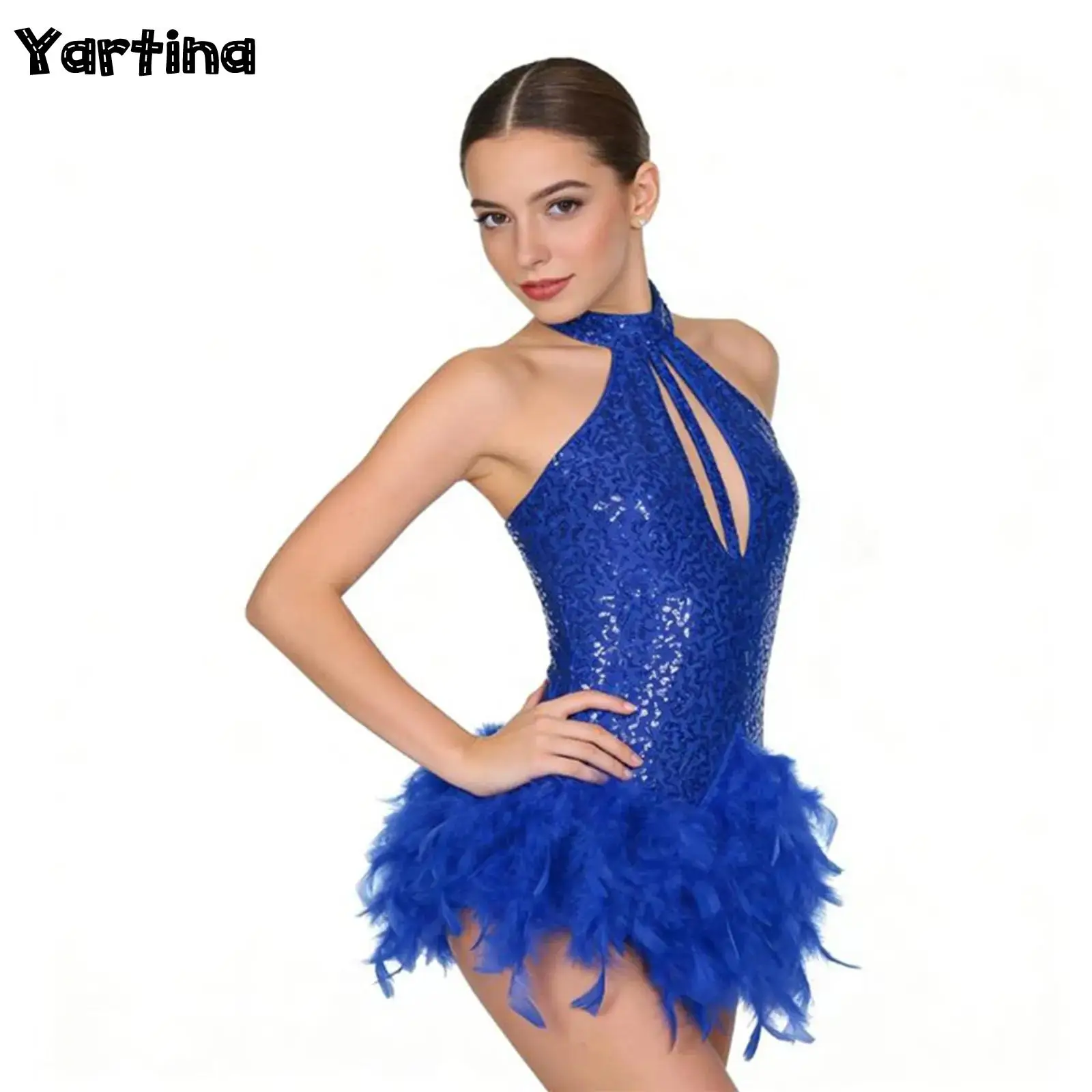 Womens Glittery Sequins Feather Latin Jazz Dance Leotard Dress Tango Latin Dancewear Halter Backless Keyhole Front Rumba Dress
Womens Glittery Sequins Feather Latin Jazz Dance Leotard Dress Tango Latin Dancewear Halter Backless Keyhole Front Rumba Dress