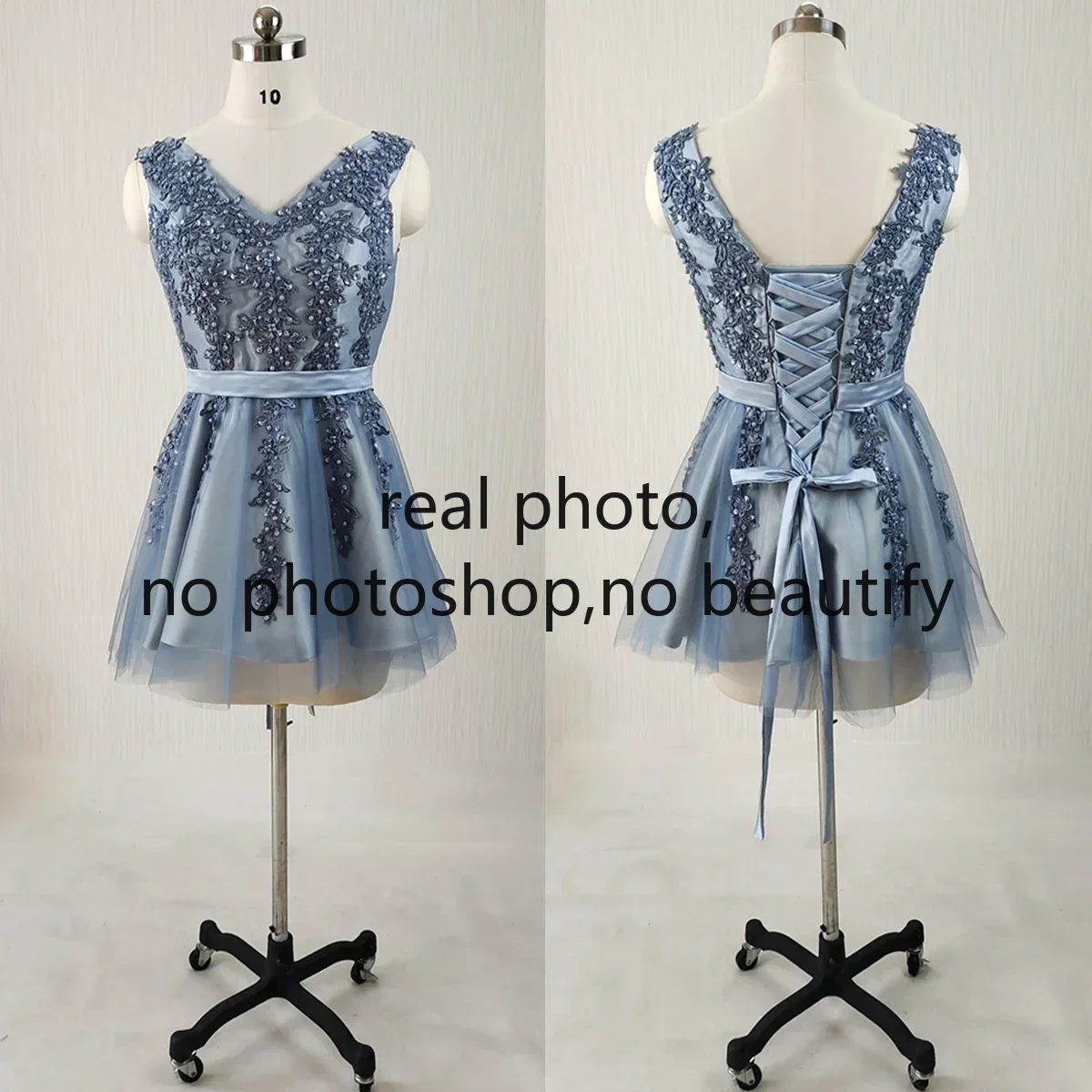 Customized Real Photo Prom Gown Blue Appliques Beads V-neck Sleeveless A-line Above Knee Plus size Women Party Formal Gown ZP110
Customized Real Photo Prom Gown Blue Appliques Beads V-neck Sleeveless A-line Above Knee Plus size Women Party Formal Gown ZP110