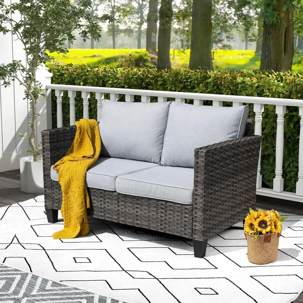 2-Seater All-Weather Wicker Rattan Loveseat with Cushions for Outdoor Patio, Garden, or Deck, Grey
2-Seater All-Weather Wicker Rattan Loveseat with Cushions for Outdoor Patio, Garden, or Deck, Grey