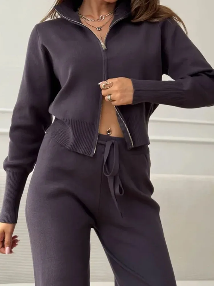 Осень-зима Элегантный вязаный прямой комплект Модное пальто с воротником-стойкой на молнии и брюки Костюм из 2 предметов Повседневная женская однотонная одежда с длинным рукавом
Осень-зима Элегантный вязаный прямой комплект Модное пальто с воротником-стойкой на молнии и брюки Костюм из 2 предметов Повседневная женская однотонная одежда с длинным рукавом
