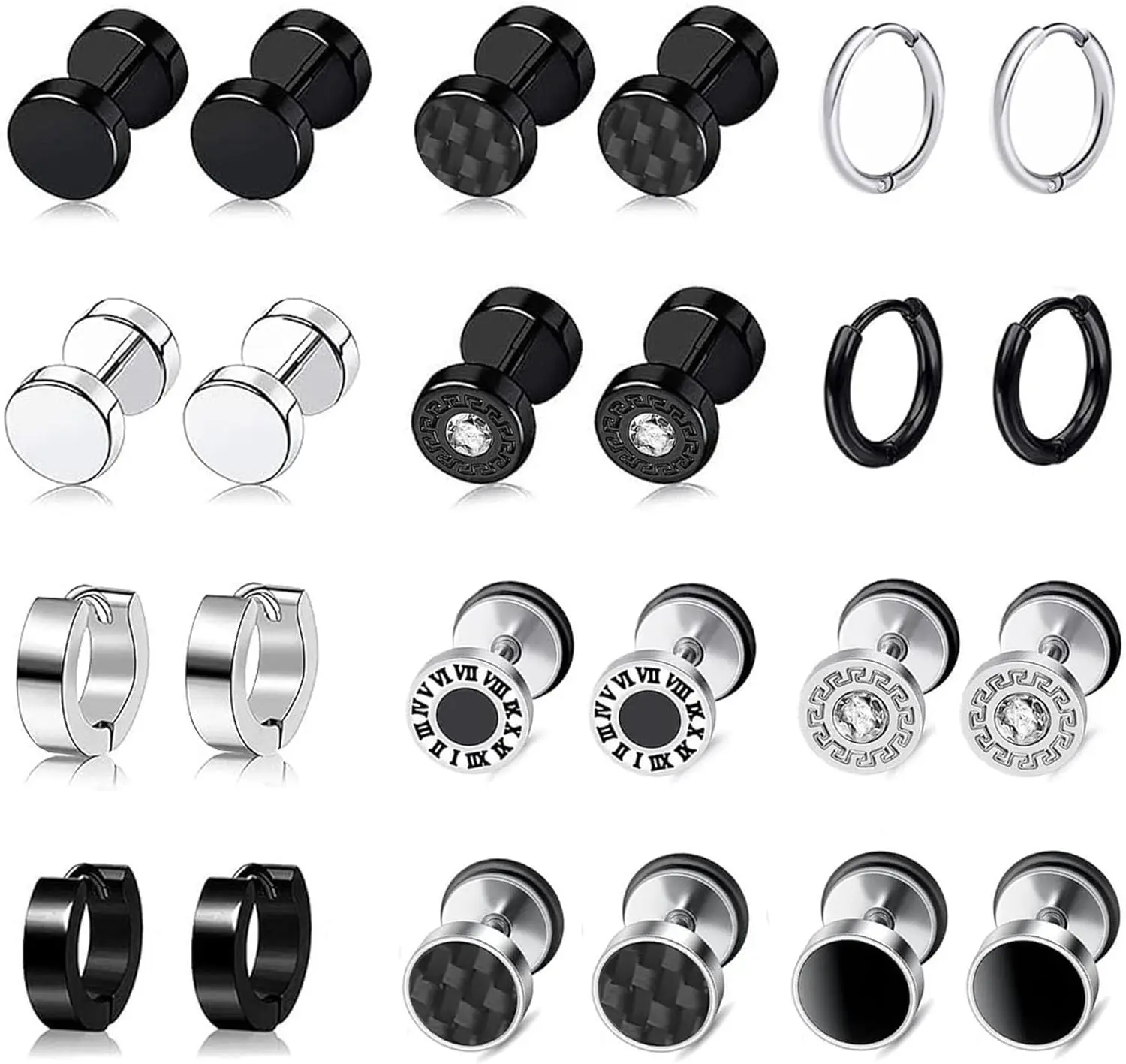 12 Pairs Stainless Steel Earrings Men, Allergy Free Hoop Earrings Studs Fake Plugs Black/Silver for Women Men
12 Pairs Stainless Steel Earrings Men, Allergy Free Hoop Earrings Studs Fake Plugs Black/Silver for Women Men