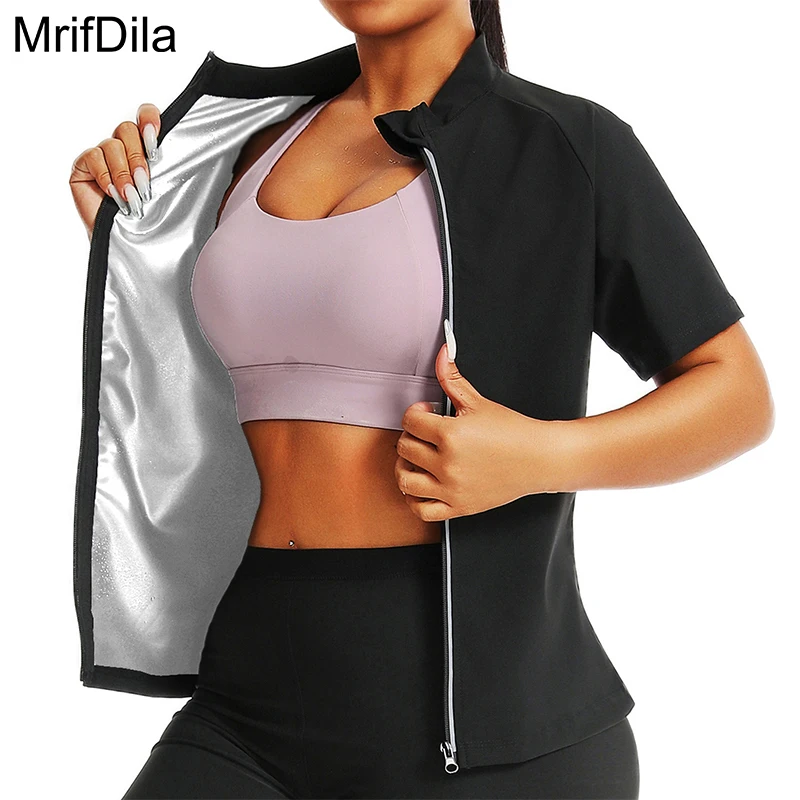

MrifDila Full Zipper Sauna Jacket Hot Sweat Body Shaper Waist Trainer Weight Loss Long Sleeve Slimming Gym Workout Training Tops