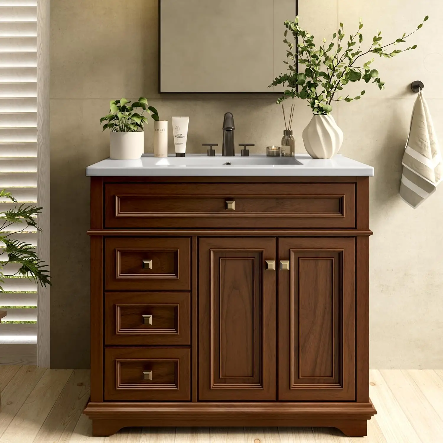 36in Solid Wood Bathroom Vanity w/ Nano Clean Integrated Sink Soft Close 2 Door 2 Drawer Easy Assembly Cherry Brown, Customized
36in Solid Wood Bathroom Vanity w/ Nano Clean Integrated Sink Soft Close 2 Door 2 Drawer Easy Assembly Cherry Brown, Customized