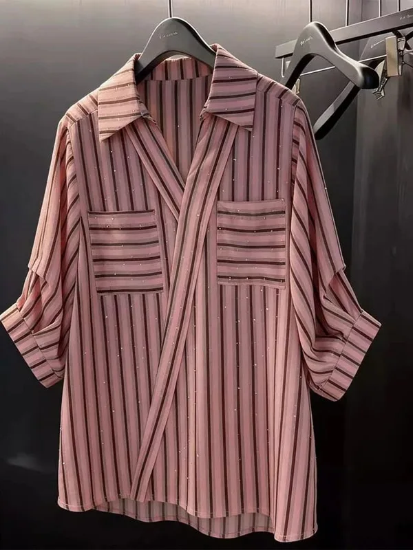 Chic Stripe Mid-Sleeve Shirt Women's Summer New Design Sensation Iron Drill Shirt High-End Sensation Slimming Top
Chic Stripe Mid-Sleeve Shirt Women's Summer New Design Sensation Iron Drill Shirt High-End Sensation Slimming Top