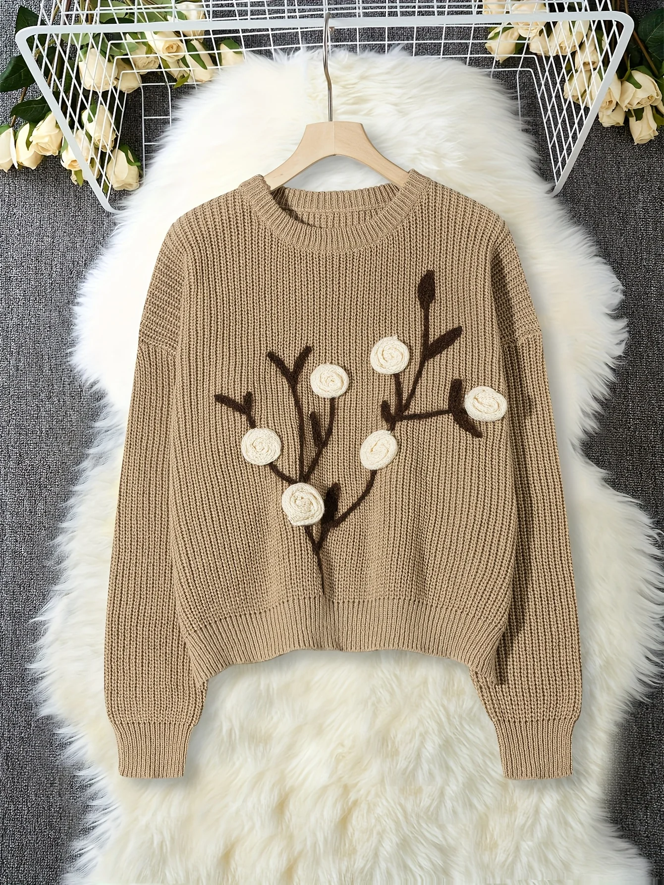 Women's Elegant Round Neck Pullover Sweater with Embroidery Handmade Floral Design, Retro Fashion
Women's Elegant Round Neck Pullover Sweater with Embroidery Handmade Floral Design, Retro Fashion