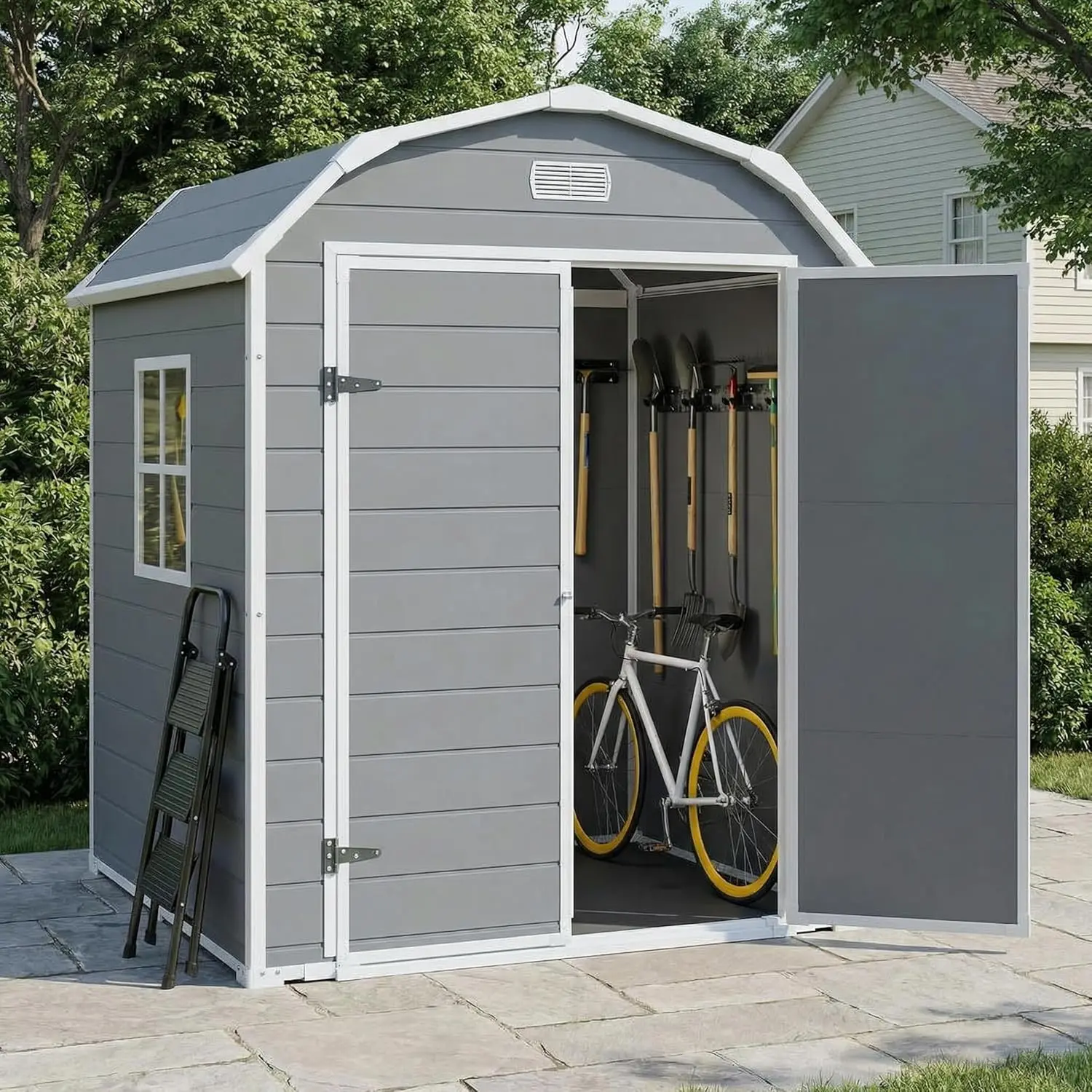 6x4.5ft Resin Storage Shed with Floor Double Doors Weatherproof Tool Bike Patio Lawn Outdoor Garden Backyard Customized
6x4.5ft Resin Storage Shed with Floor Double Doors Weatherproof Tool Bike Patio Lawn Outdoor Garden Backyard Customized