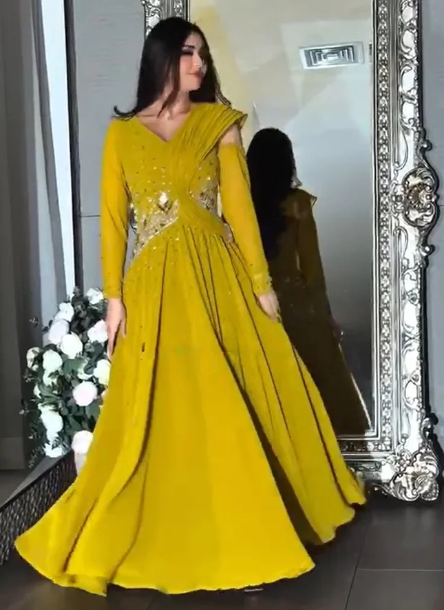 Yellow A Line V Neck Long Sleeve Prom Dresses Long for Women 2027 Beaded Pleated Diamond Formal Evening Gowns Customzied
Yellow A Line V Neck Long Sleeve Prom Dresses Long for Women 2027 Beaded Pleated Diamond Formal Evening Gowns Customzied