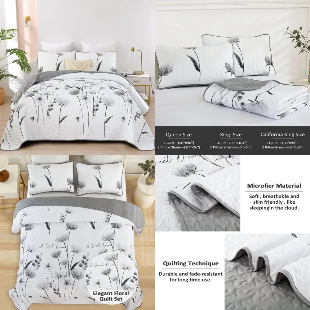 California King Floral Quilt Set in Gray, Farmhouse Style Lightweight Bedspread with 3-Piece White Oversized Flower Design
California King Floral Quilt Set in Gray, Farmhouse Style Lightweight Bedspread with 3-Piece White Oversized Flower Design