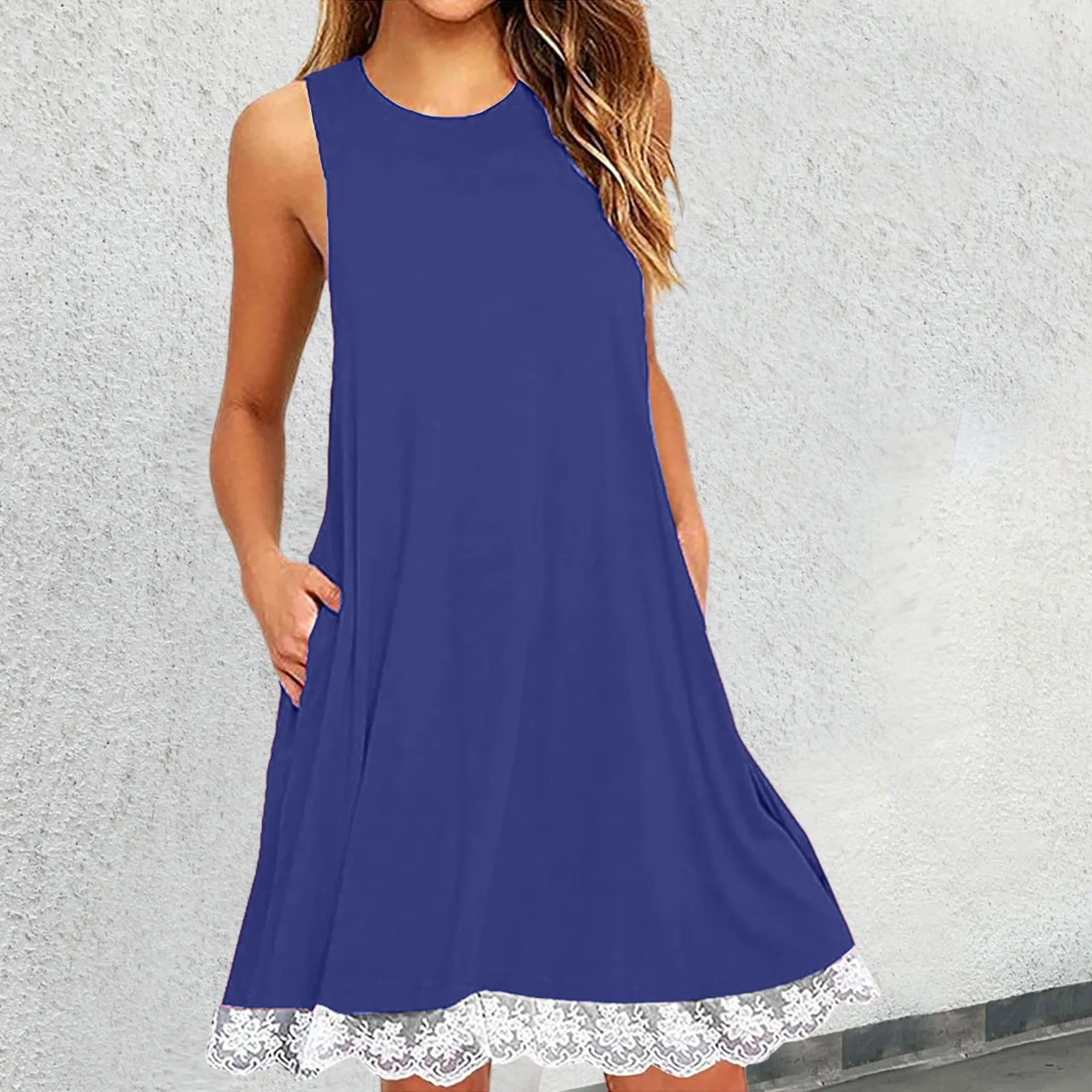 Ladies Summer Lace Edge Casual Midi Dress Summer Round Neck Sleeveless With Pockets Knee Length Dress Female Loose Dresses
Ladies Summer Lace Edge Casual Midi Dress Summer Round Neck Sleeveless With Pockets Knee Length Dress Female Loose Dresses