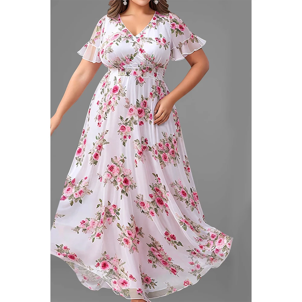 Plus Size Summer Casual Vacation Pink Layered Chiffon Floral Print Ruffle Sleeve V Neck Tunic Maxi Dress
Plus Size Summer Casual Vacation Pink Layered Chiffon Floral Print Ruffle Sleeve V Neck Tunic Maxi Dress