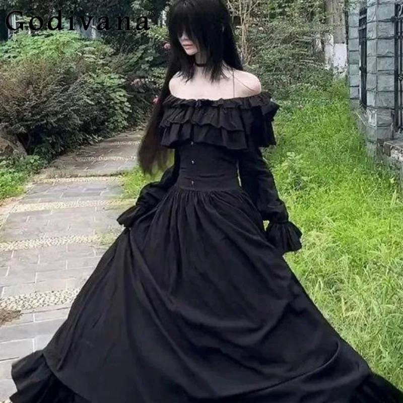 Japanese Gothic Style Off Shoulder Dress Female Dark Lolita Ruffled Waist Long Dress Women's Street Wear Black Long Dress
Japanese Gothic Style Off Shoulder Dress Female Dark Lolita Ruffled Waist Long Dress Women's Street Wear Black Long Dress