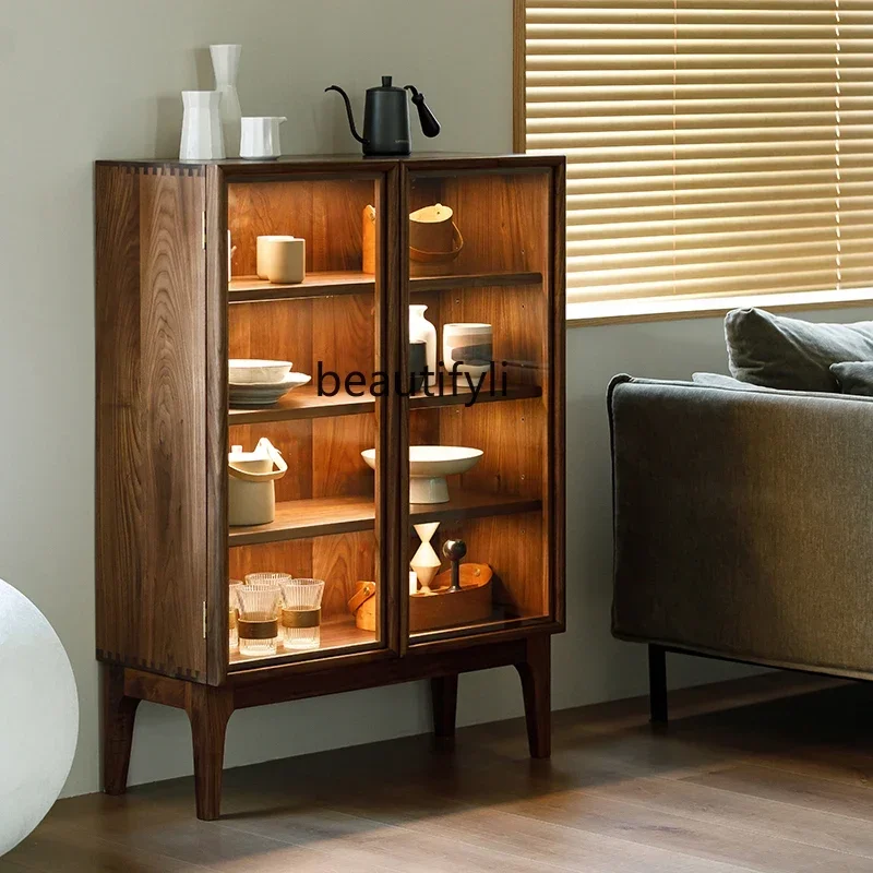 yj9 Black walnut dining side cabinet tea set storage cabinet glass display tea entrance cabinet all solid wood 
yj9 Black walnut dining side cabinet tea set storage cabinet glass display tea entrance cabinet all solid wood