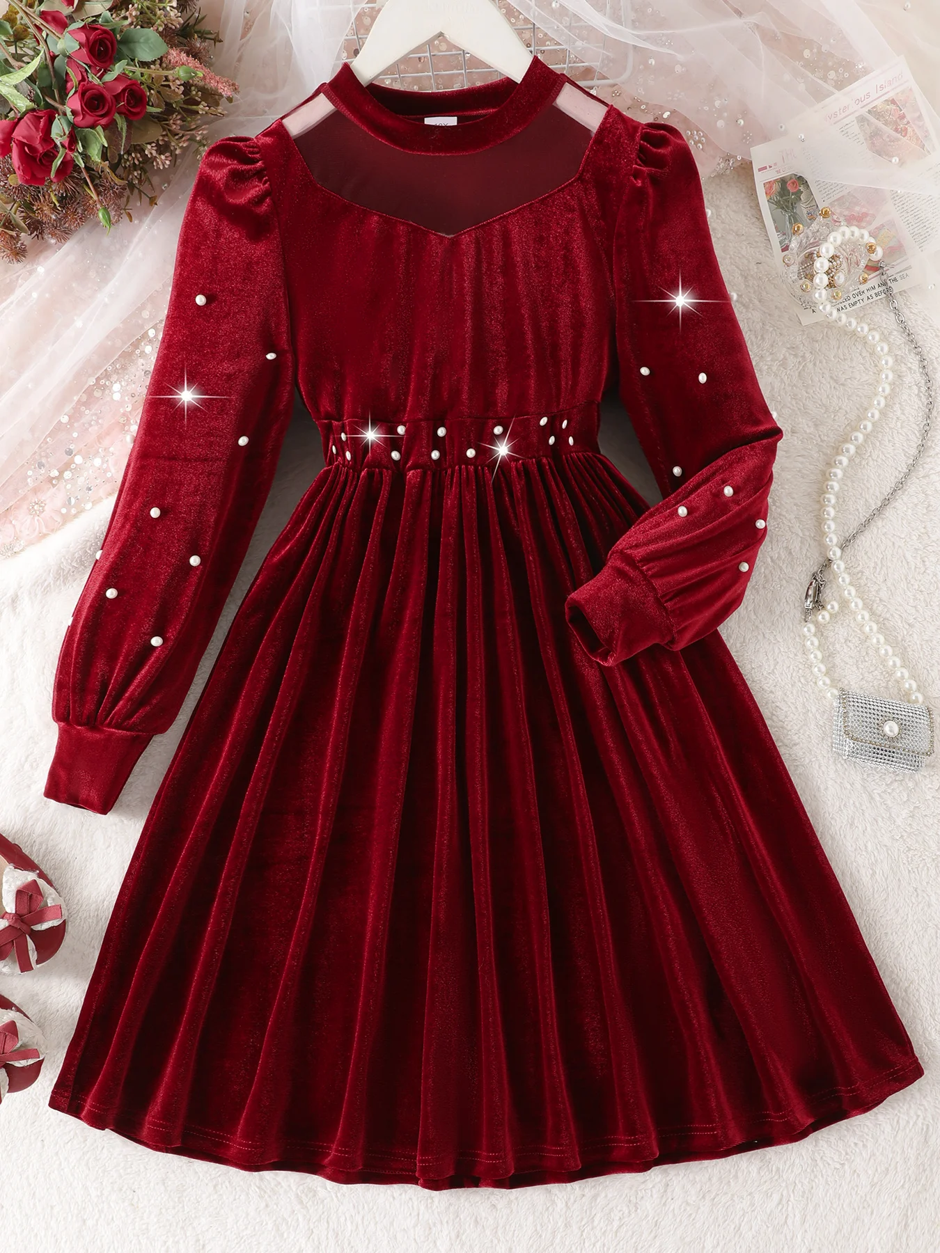 Girls' Spring & Summer Long Sleeve Single Dress, Red with Tulle Design and Pearl Embellishments on the Waist
Girls' Spring & Summer Long Sleeve Single Dress, Red with Tulle Design and Pearl Embellishments on the Waist