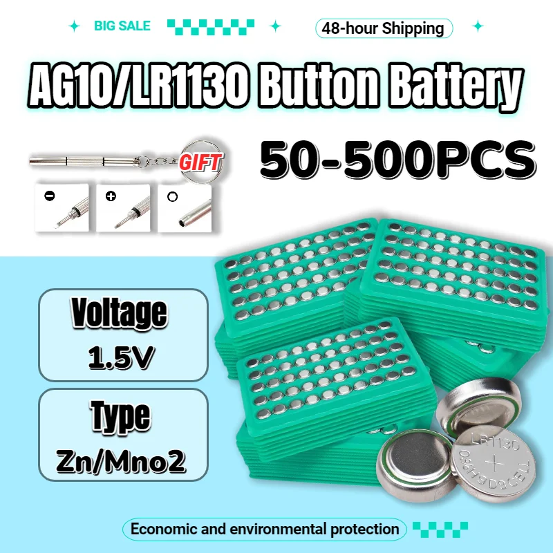LR1130 AG10 Button Cell Battery, 1.55V Zinc Battery for Luminous Toys, Clock, Electronics and Gifts, Long Lasting Power
LR1130 AG10 Button Cell Battery, 1.55V Zinc Battery for Luminous Toys, Clock, Electronics and Gifts, Long Lasting Power