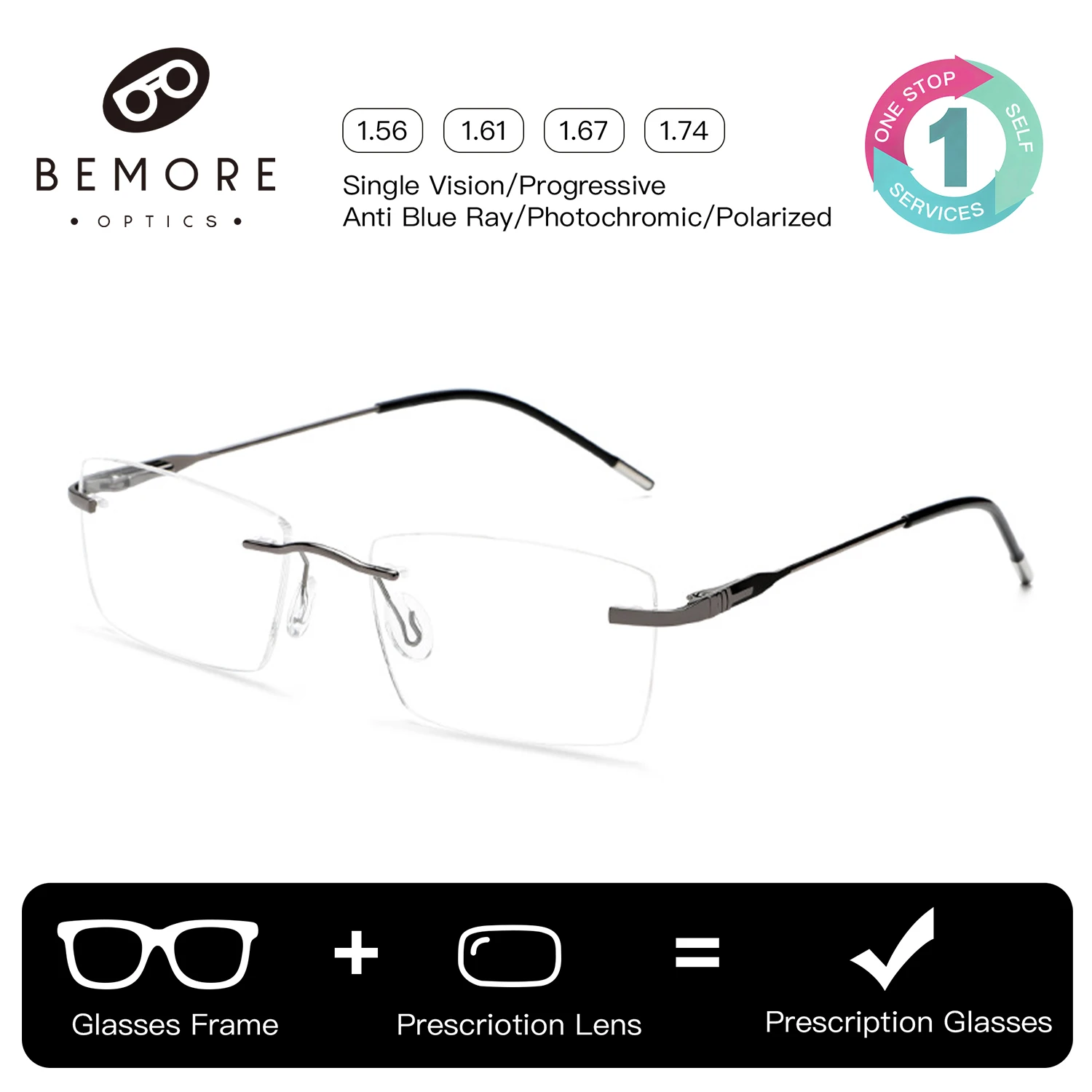 BEMORE High Quality Alloy Rimless Prescription Eyewear Photochromic Anti Blue Light Optical Eyeglasses Myopia Glasses for Men
BEMORE High Quality Alloy Rimless Prescription Eyewear Photochromic Anti Blue Light Optical Eyeglasses Myopia Glasses for Men