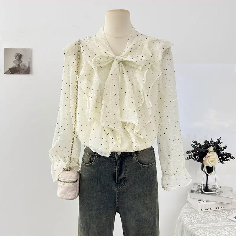 French style ruffle edge bow lace-up polka dot long sleeved shirt women in spring 2026 loose elegant single breasted top
French style ruffle edge bow lace-up polka dot long sleeved shirt women in spring 2026 loose elegant single breasted top