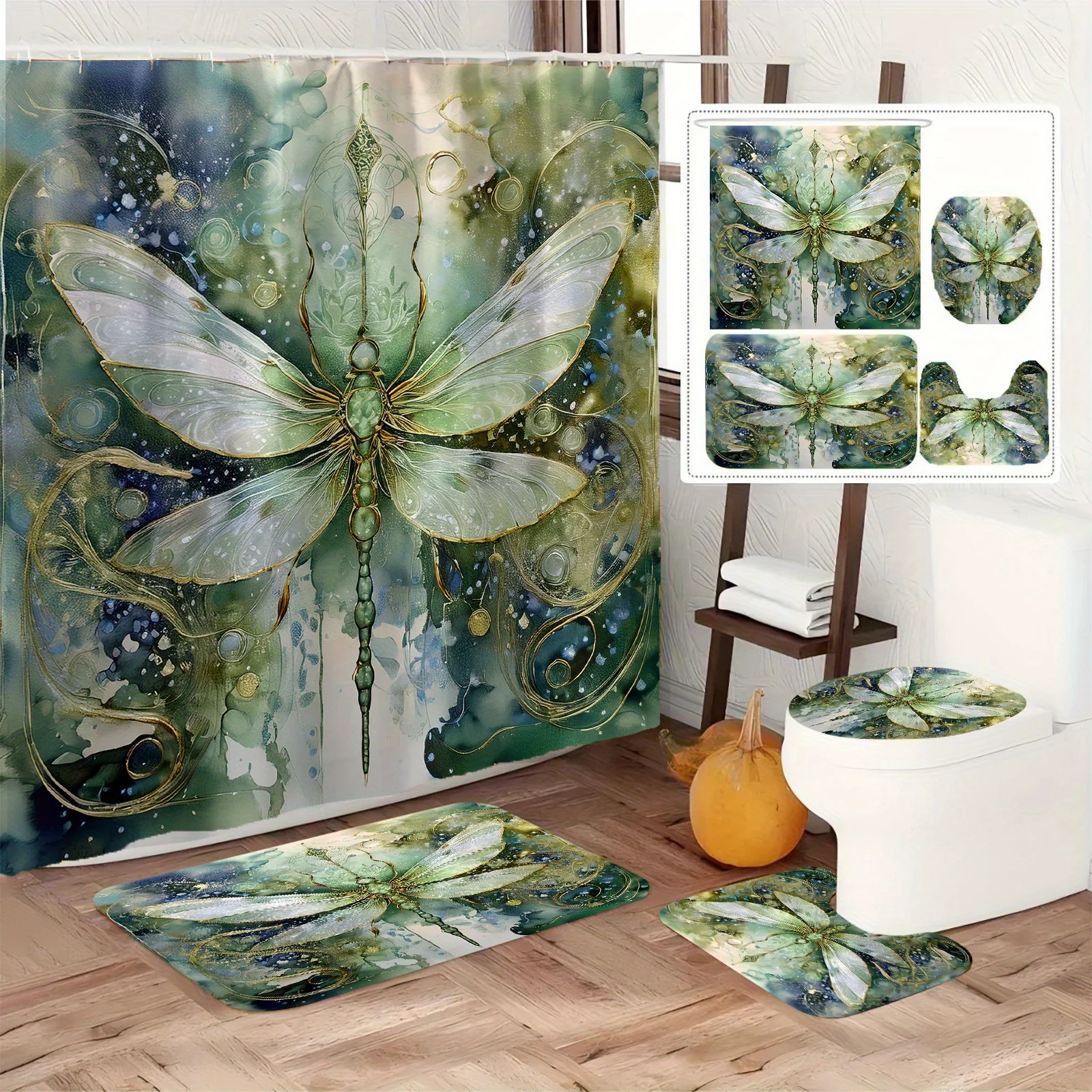 Artistic Dragonfly Bathroom 4-Piece Set: Shower Curtain, Bath Mat, Toilet Cover, Tank Cover – Elegant and Vibrant Decor
Artistic Dragonfly Bathroom 4-Piece Set: Shower Curtain, Bath Mat, Toilet Cover, Tank Cover – Elegant and Vibrant Decor