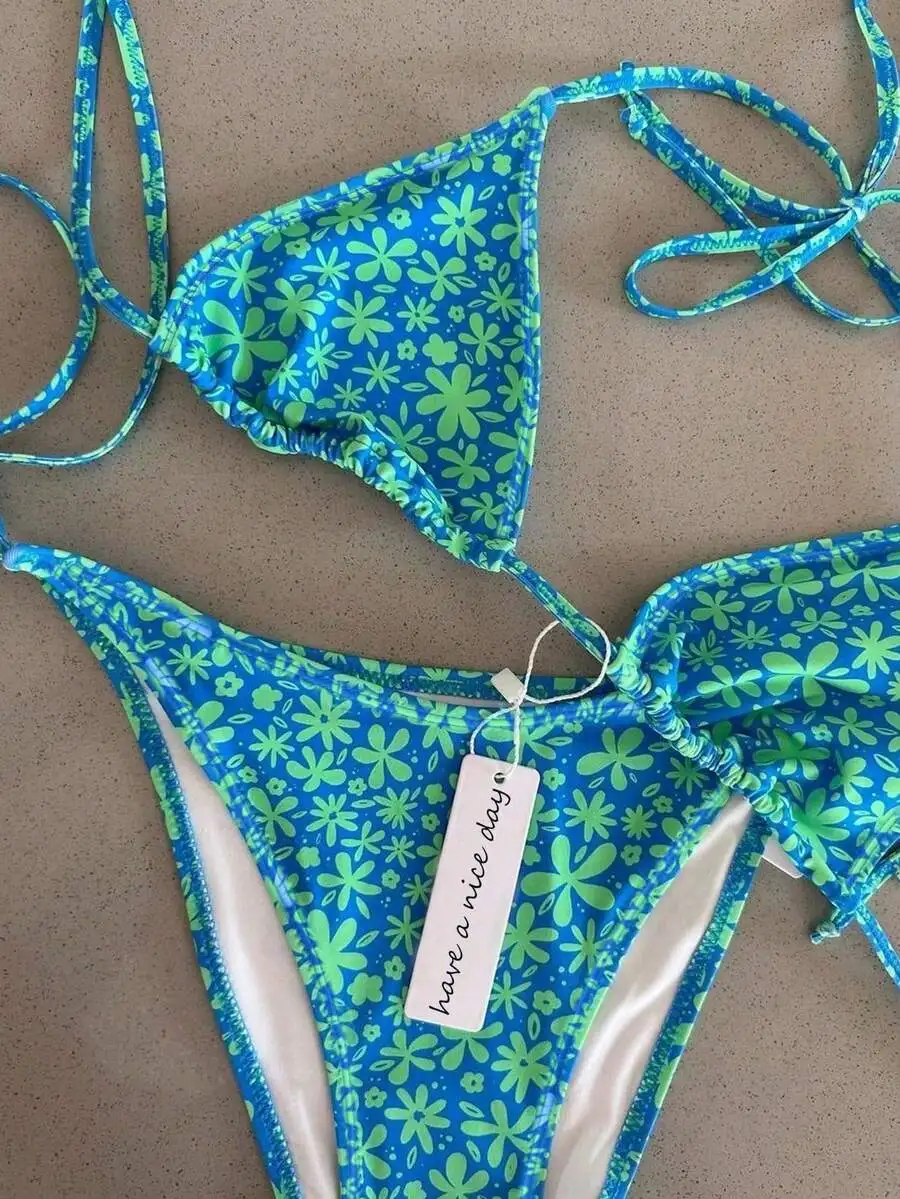 Blue Green Floral Print Womens Tie String Bikini Set For Beach Vacation Party
Blue Green Floral Print Womens Tie String Bikini Set For Beach Vacation Party