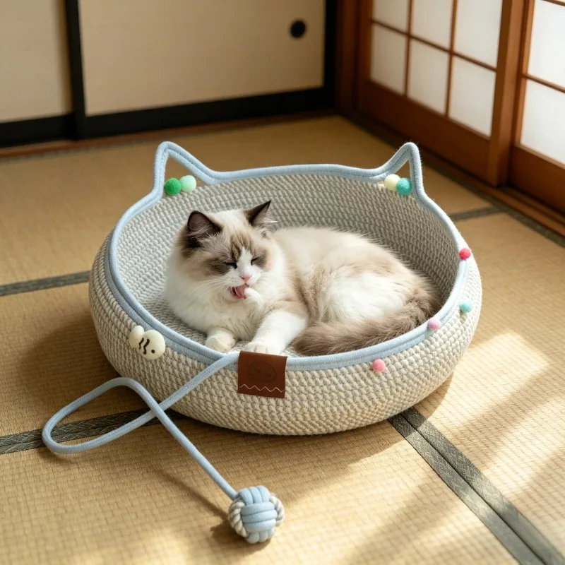 Cotton Rope Cat Bed with Play Ball, All-Season Washable Durable Pet Bed
Cotton Rope Cat Bed with Play Ball, All-Season Washable Durable Pet Bed