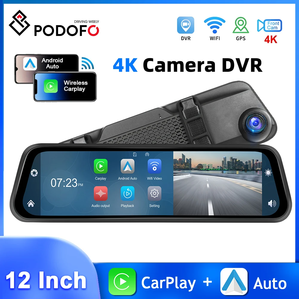 Podofo 12inch Car Mirror DVR Driving Recorder Touch Screen Carplay Android Auto WiFi G-sensor Night Vison Support 4K Recording
Podofo 12inch Car Mirror DVR Driving Recorder Touch Screen Carplay Android Auto WiFi G-sensor Night Vison Support 4K Recording