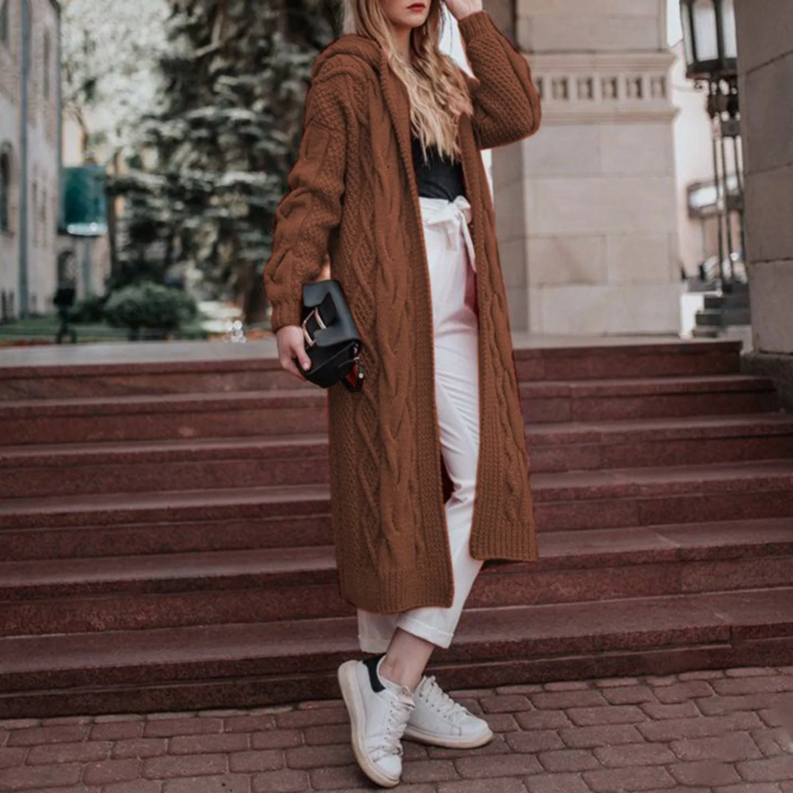 Autumn Women's Warm Mid-Length Sweater Cardigan Solid Color Elegant Front Open Twist Knitted Hooded Outwears Coat With Pockets
Autumn Women's Warm Mid-Length Sweater Cardigan Solid Color Elegant Front Open Twist Knitted Hooded Outwears Coat With Pockets