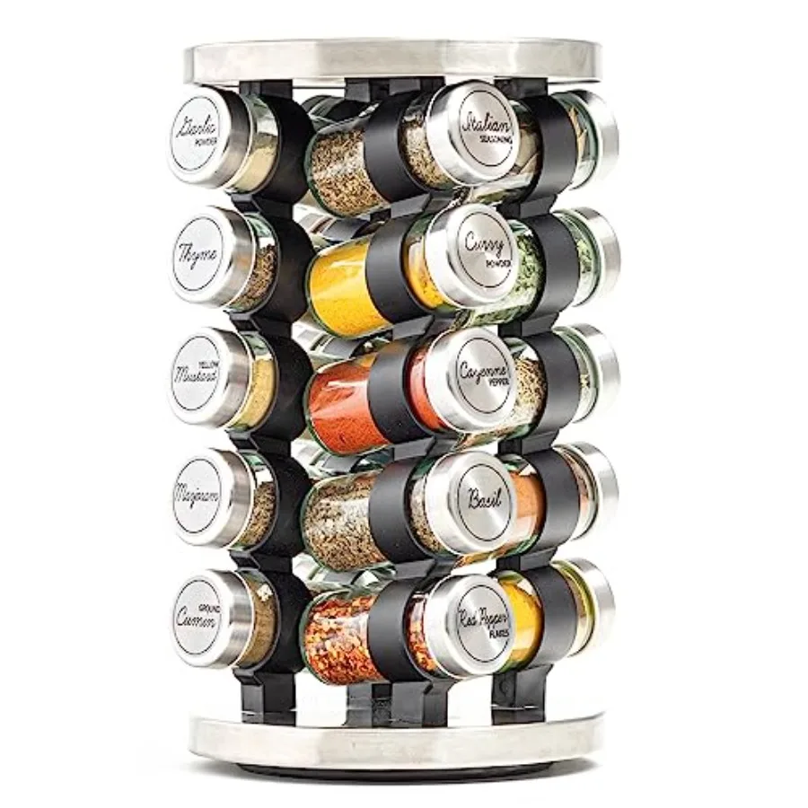 20 Jar Rotating Spice Rack with Spices Included and 5-Year Free Spice Refill Program Stainless Steel Revolving Countertop Spice