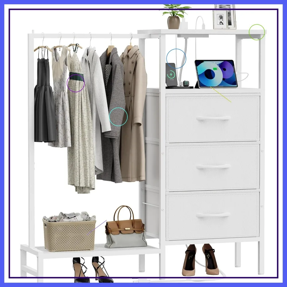 Dresser with Hanging Rack, 3 Drawers Chest with Charging Station, Fabric Storage Organizer for Bedroom Hallway, White
Dresser with Hanging Rack, 3 Drawers Chest with Charging Station, Fabric Storage Organizer for Bedroom Hallway, White
