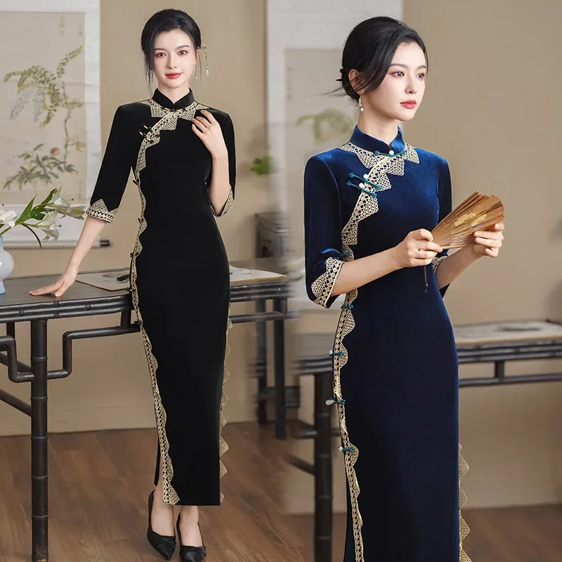 Черное золотое бархатное китайское длинное стильное улучшенное Cheongsam, новое тонкое осенне-зимнее платье с длинными рукавами в стиле ретро для молодых женщин Qipao 
Черное золотое бархатное китайское длинное стильное улучшенное Cheongsam, новое тонкое осенне-зимнее платье с длинными рукавами в стиле ретро для молодых женщин Qipao