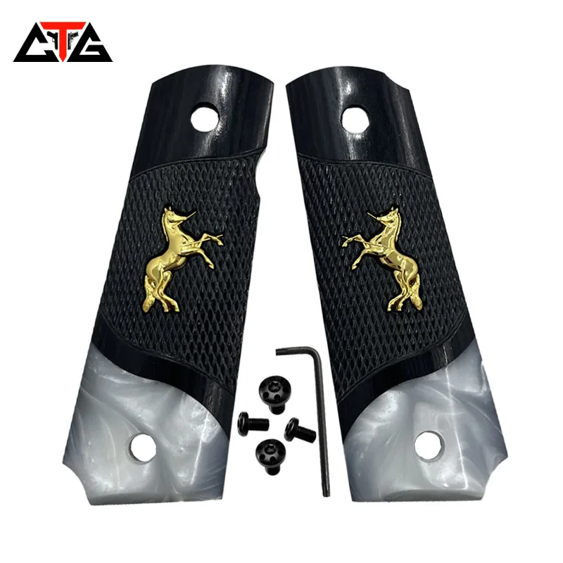 CTG 1911 Colt Full Size Grips Black Checkered Wood and White Pearl With Gold Horse Inlay
CTG 1911 Colt Full Size Grips Black Checkered Wood and White Pearl With Gold Horse Inlay