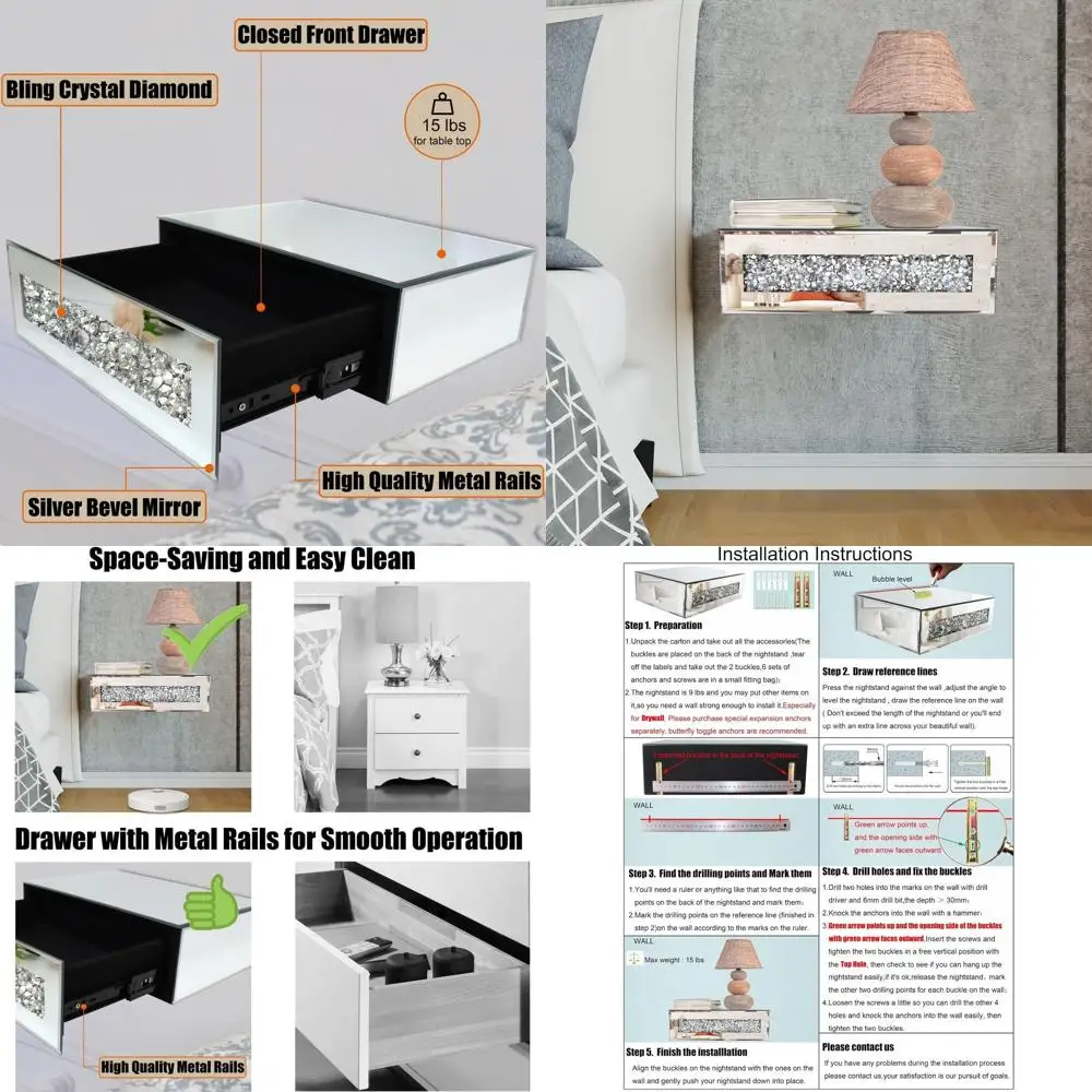 Wall-Mounted Silver Glass Crystal Floating Nightstand with Drawer for Bedroom and Living Room, 14.5x11.5x4.5
Wall-Mounted Silver Glass Crystal Floating Nightstand with Drawer for Bedroom and Living Room, 14.5x11.5x4.5