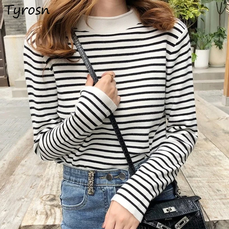 Striped Pullovers Women Panelled Slim Long Sleeve Tops Underwear Lazy All-match Half High Collar Knitted Sweaters Female Ulzzang
Striped Pullovers Women Panelled Slim Long Sleeve Tops Underwear Lazy All-match Half High Collar Knitted Sweaters Female Ulzzang