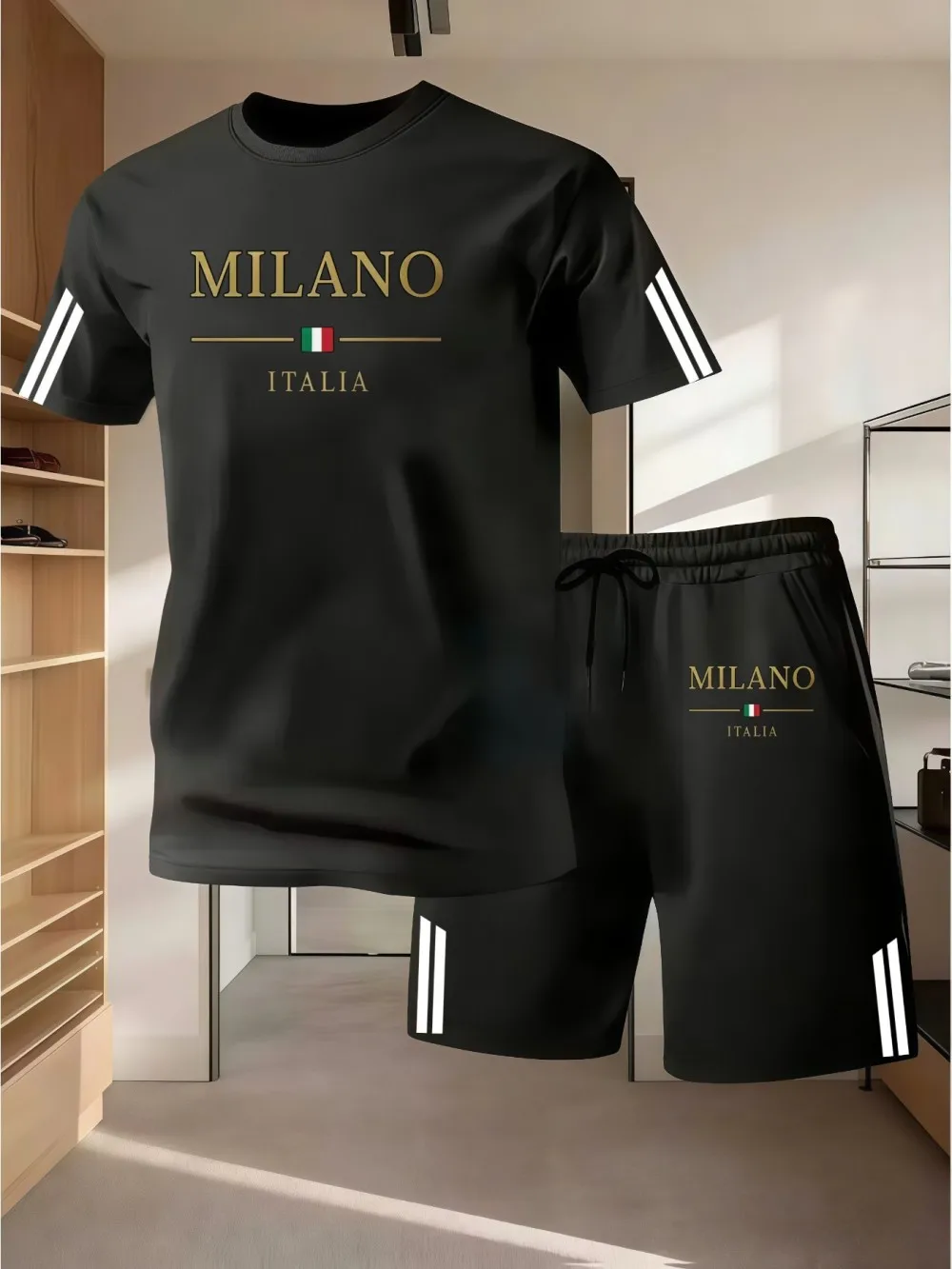 American men's summer striped letter print comfortable breathable round neck T-shirt drawstring shorts set outdoor casual wear
American men's summer striped letter print comfortable breathable round neck T-shirt drawstring shorts set outdoor casual wear