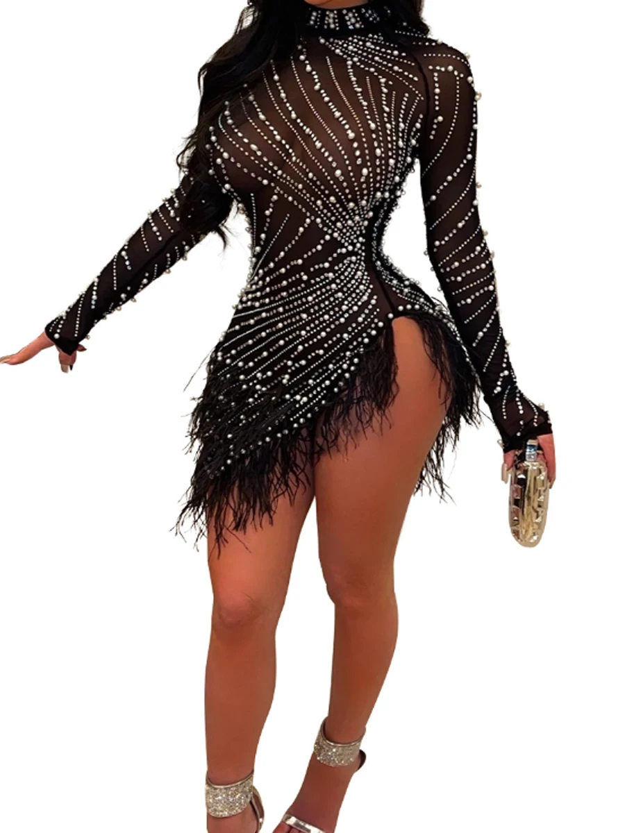 Sexy Pearls Rhinestones Mesh Patchwork Feather Hem Bodycon Dress
Sexy Pearls Rhinestones Mesh Patchwork Feather Hem Bodycon Dress