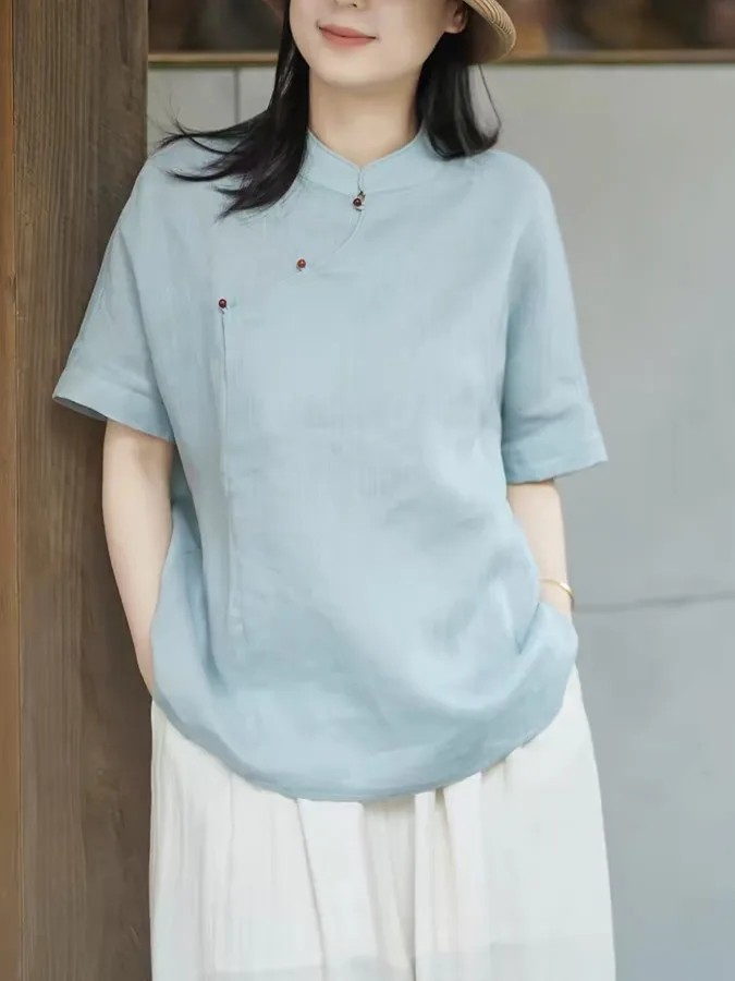 Retro Chinese Style Cotton Linen Short Sleeve Shirt Women's Loose Fit Stand Collar Casual Breathable Summer New Arrival
Retro Chinese Style Cotton Linen Short Sleeve Shirt Women's Loose Fit Stand Collar Casual Breathable Summer New Arrival