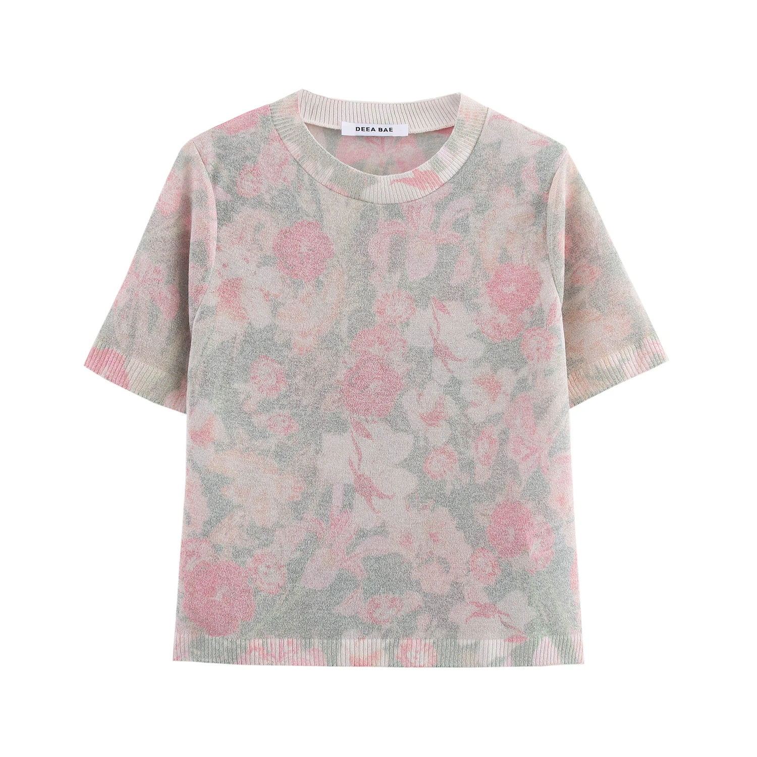New spring and summer women's clothing sweet flower print versatile round neck short-sleeved knitted T-shirt top
New spring and summer women's clothing sweet flower print versatile round neck short-sleeved knitted T-shirt top
