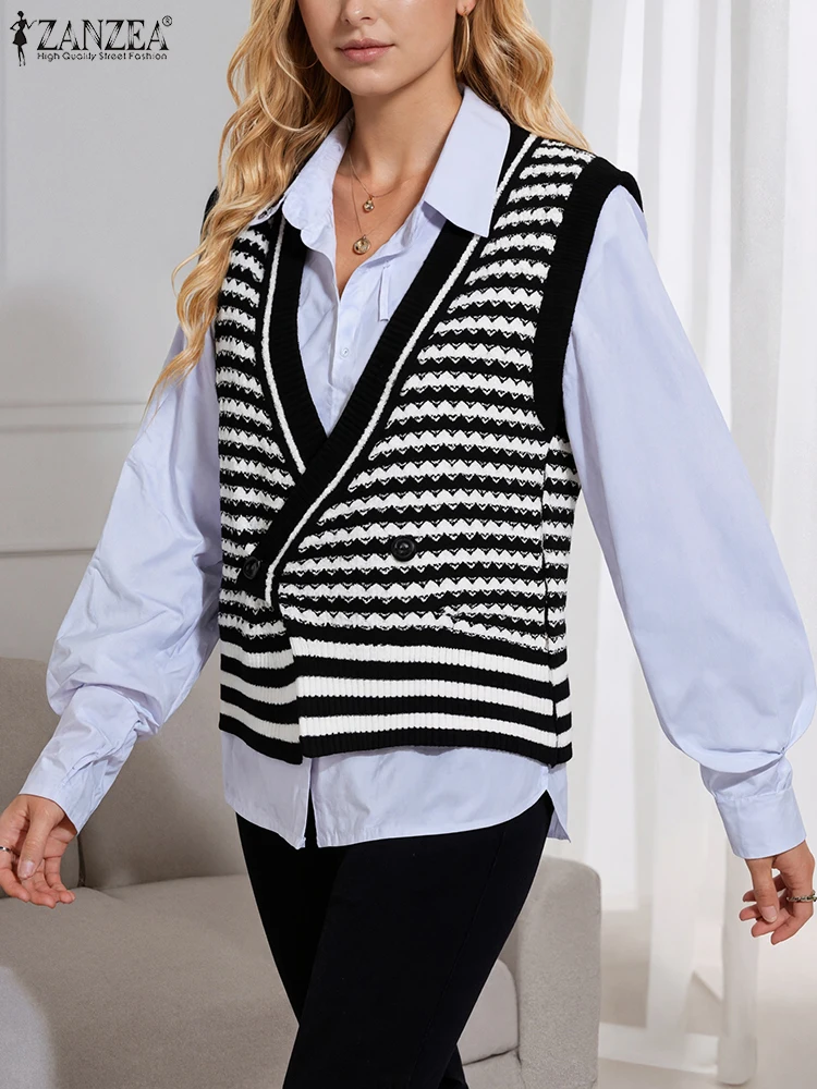 2025 ZANZEA Autumn Knitted Sweater Vest Women V Neck Sweaters Elegant Sleeveless Basic Pullover Office Buttons Up Jumpers Mujer
2025 ZANZEA Autumn Knitted Sweater Vest Women V Neck Sweaters Elegant Sleeveless Basic Pullover Office Buttons Up Jumpers Mujer
