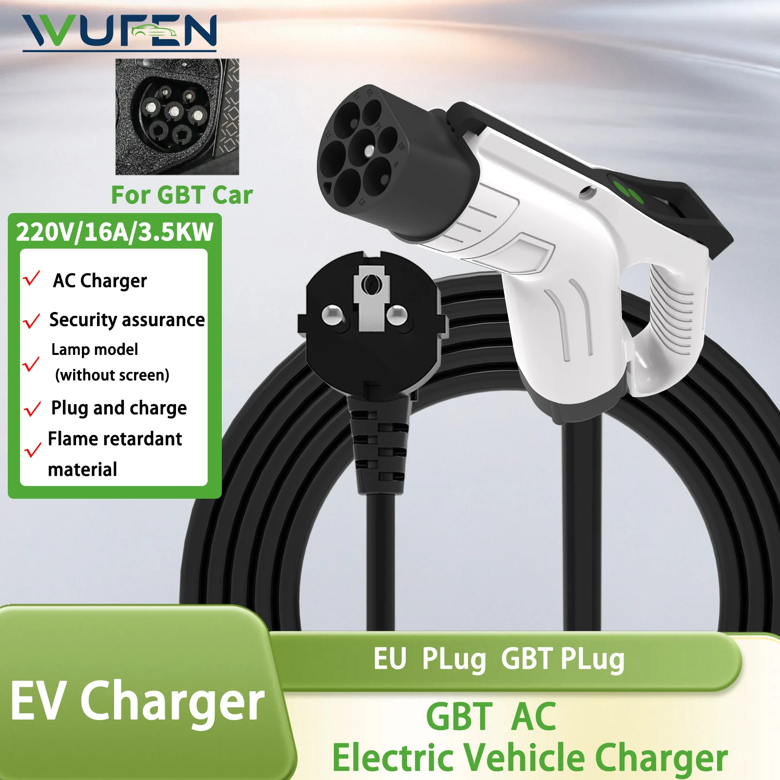 WUFEN Model 2 3.5KW 16A GB/T Built-circuit board EV Portable Charger 1M-3M-5M Cable With Lamp model EU Plug For Electric Vehicle
WUFEN Model 2 3.5KW 16A GB/T Built-circuit board EV Portable Charger 1M-3M-5M Cable With Lamp model EU Plug For Electric Vehicle