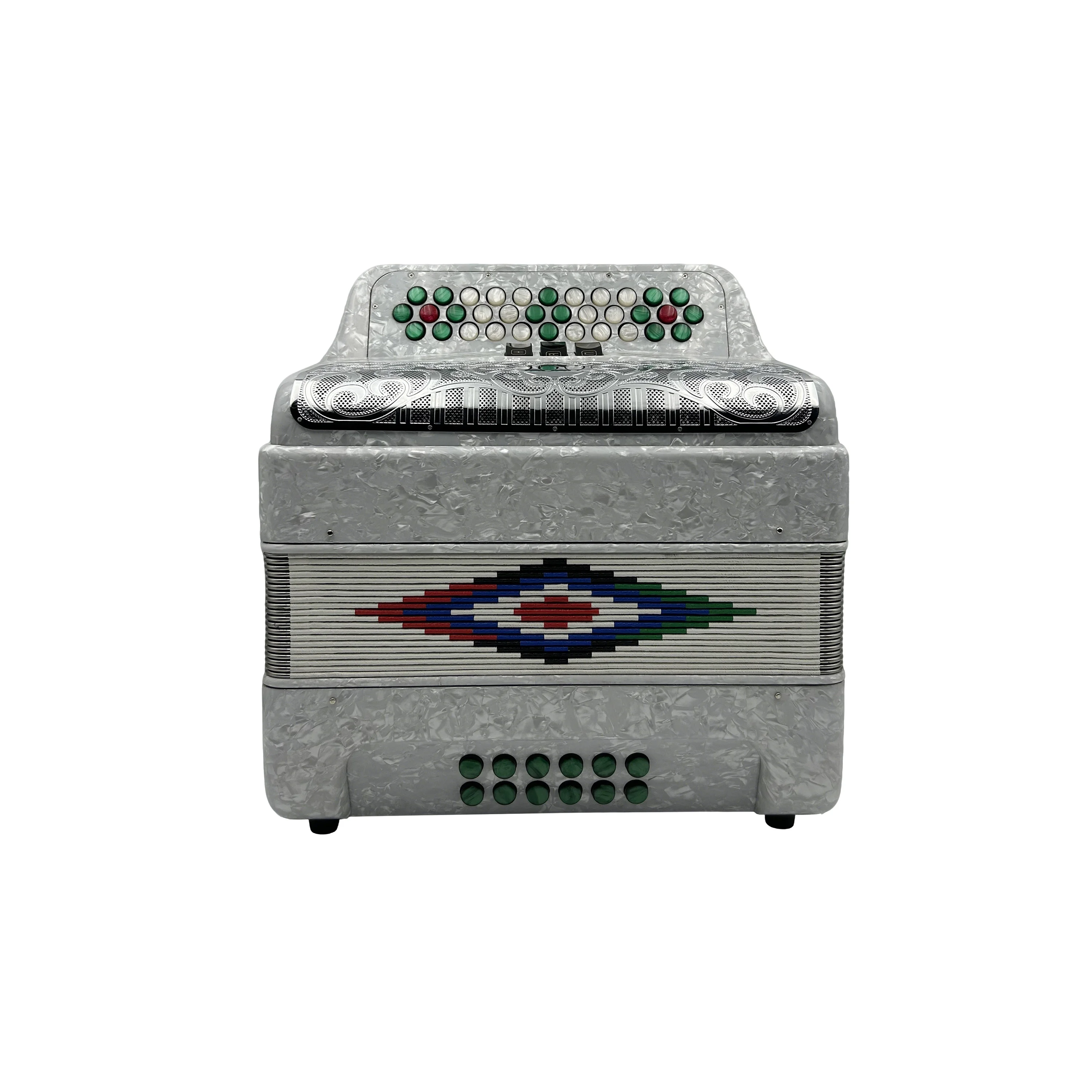 JB3412C Professional 34 Buttons 12 Bass 3 Registers White Celluloid Body Accordion Silver Grill Color Buttons Diatonic Acordeon
JB3412C Professional 34 Buttons 12 Bass 3 Registers White Celluloid Body Accordion Silver Grill Color Buttons Diatonic Acordeon