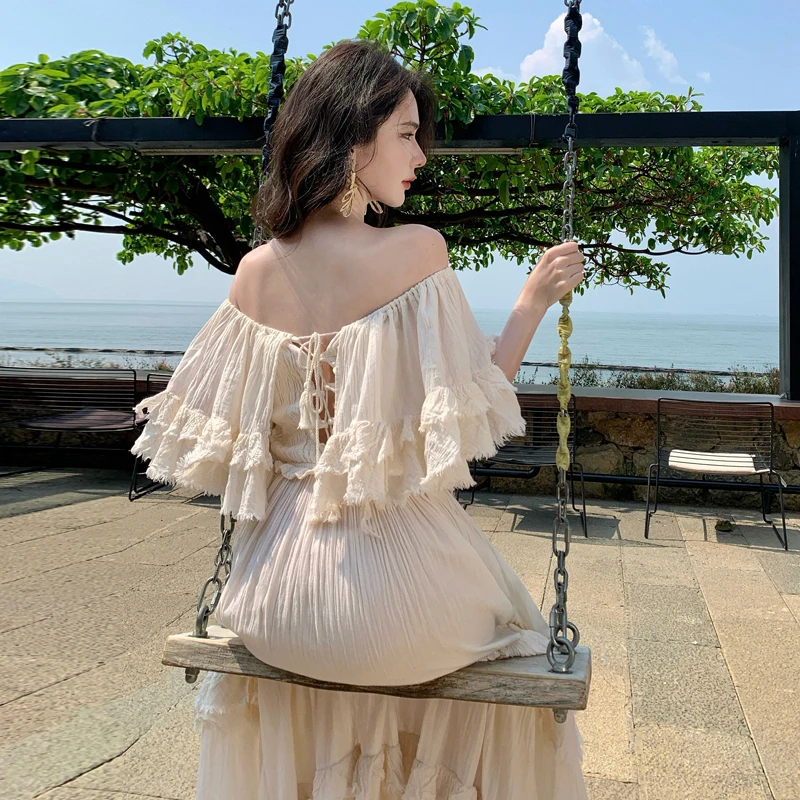 Summer Off Shouldery Holiday Beach Maxi Dress New Bohemian Women Slash Neck Ruffles Tassel Lace Up Two Wear Slim Ball Gown Robe
Summer Off Shouldery Holiday Beach Maxi Dress New Bohemian Women Slash Neck Ruffles Tassel Lace Up Two Wear Slim Ball Gown Robe