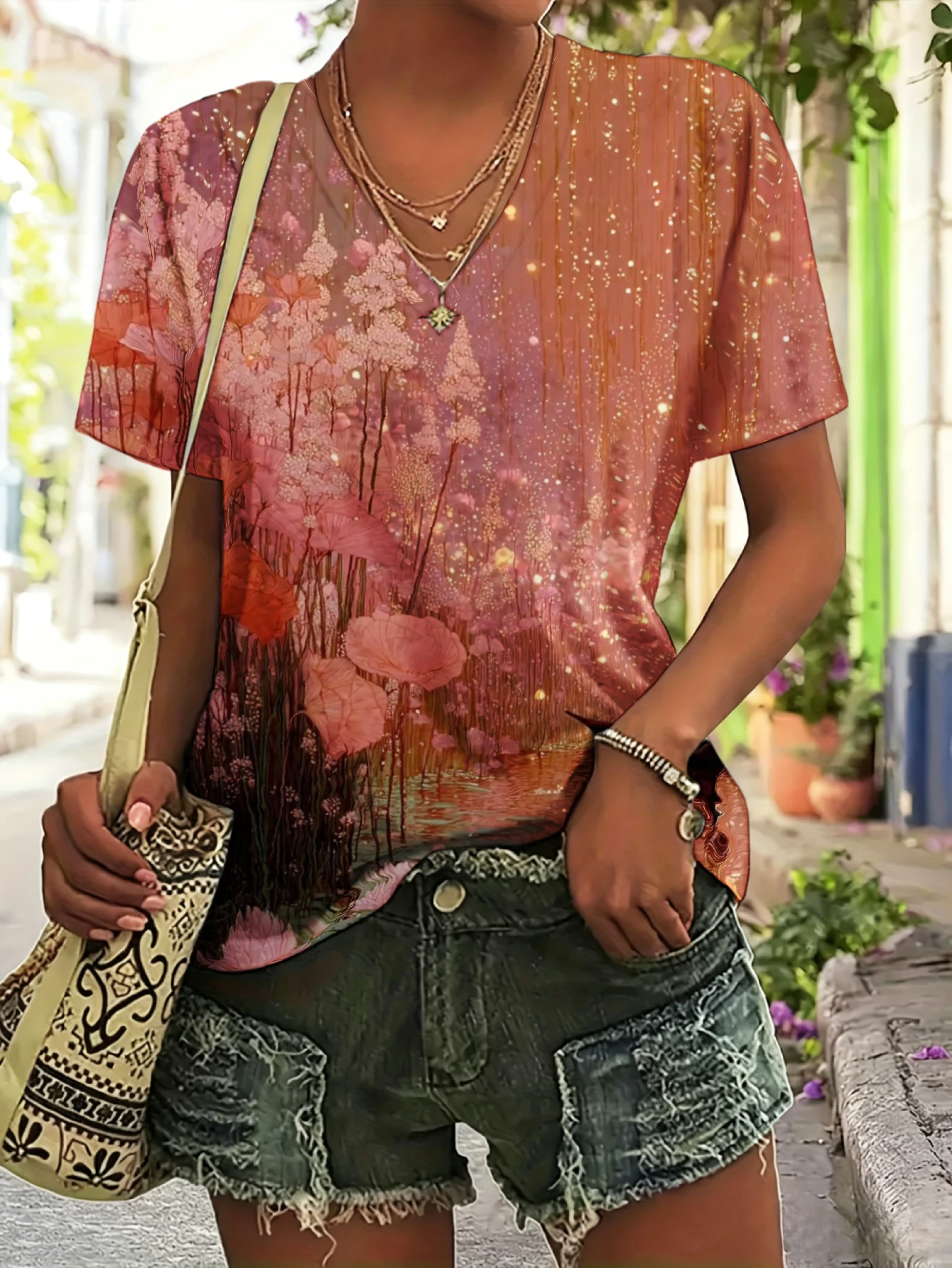 Women's Dreamy Lotus Floral Print T-Shirt V-Neck Short Sleeve Casual Tee Loose Fit Summer Blouse for Daily & Vacation Wear
Women's Dreamy Lotus Floral Print T-Shirt V-Neck Short Sleeve Casual Tee Loose Fit Summer Blouse for Daily & Vacation Wear