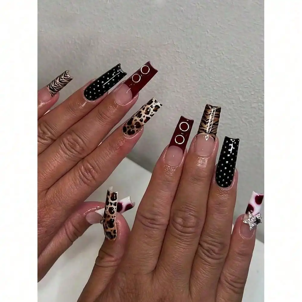 Spring Accessories 24pcs Long Square Press On Acrylic Nails Gift Box Set Wild Leopard Print Brown Coffee Tone Decor With Metal Circle Pentagram Black Stripe Pattern Sweet Cool Y2K Red French Edge Design Polka Dot Nail Art Full Cover False Nails Reusable A
Spring Accessories 24pcs Long Square Press On Acrylic Nails Gift Box Set Wild Leopard Print Brown Coffee Tone Decor With Metal Circle Pentagram Black Stripe Pattern Sweet Cool Y2K Red French Edge Design Polka Dot Nail Art Full Cover False Nails Reusable A