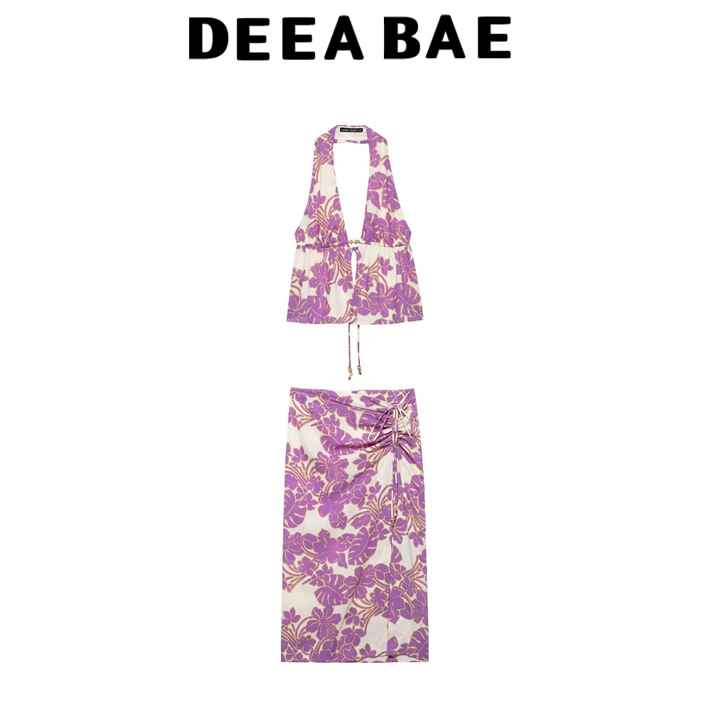 DEEABAE Summer women's deep V-neck string bead hanging neck top mid waist long slit hem skirt set
DEEABAE Summer women's deep V-neck string bead hanging neck top mid waist long slit hem skirt set