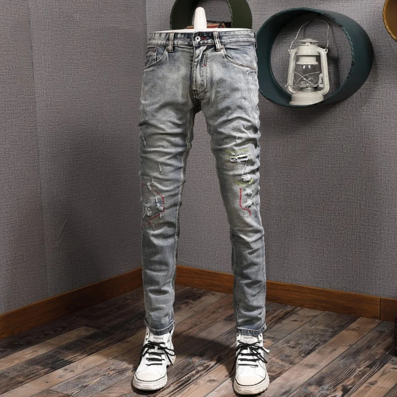 Street Fashion Designer Men Jeans Retro Washed Blue Stretch Slim Fit Ripped Jeans Men Embroidery Patched Vintage Denim Pants
Street Fashion Designer Men Jeans Retro Washed Blue Stretch Slim Fit Ripped Jeans Men Embroidery Patched Vintage Denim Pants