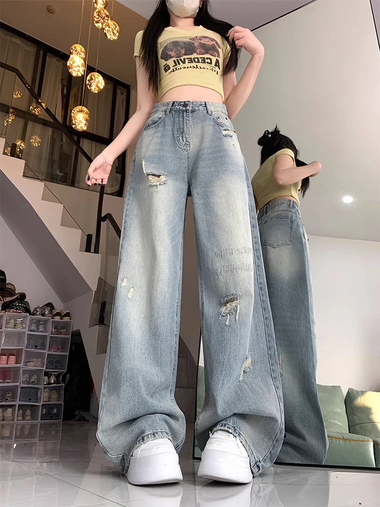 American Style Vintage Hole Denim Pants Women's Spring Autumn plus Size Straight Loose Slimming Rags Wide Leg Long Trousers
American Style Vintage Hole Denim Pants Women's Spring Autumn plus Size Straight Loose Slimming Rags Wide Leg Long Trousers