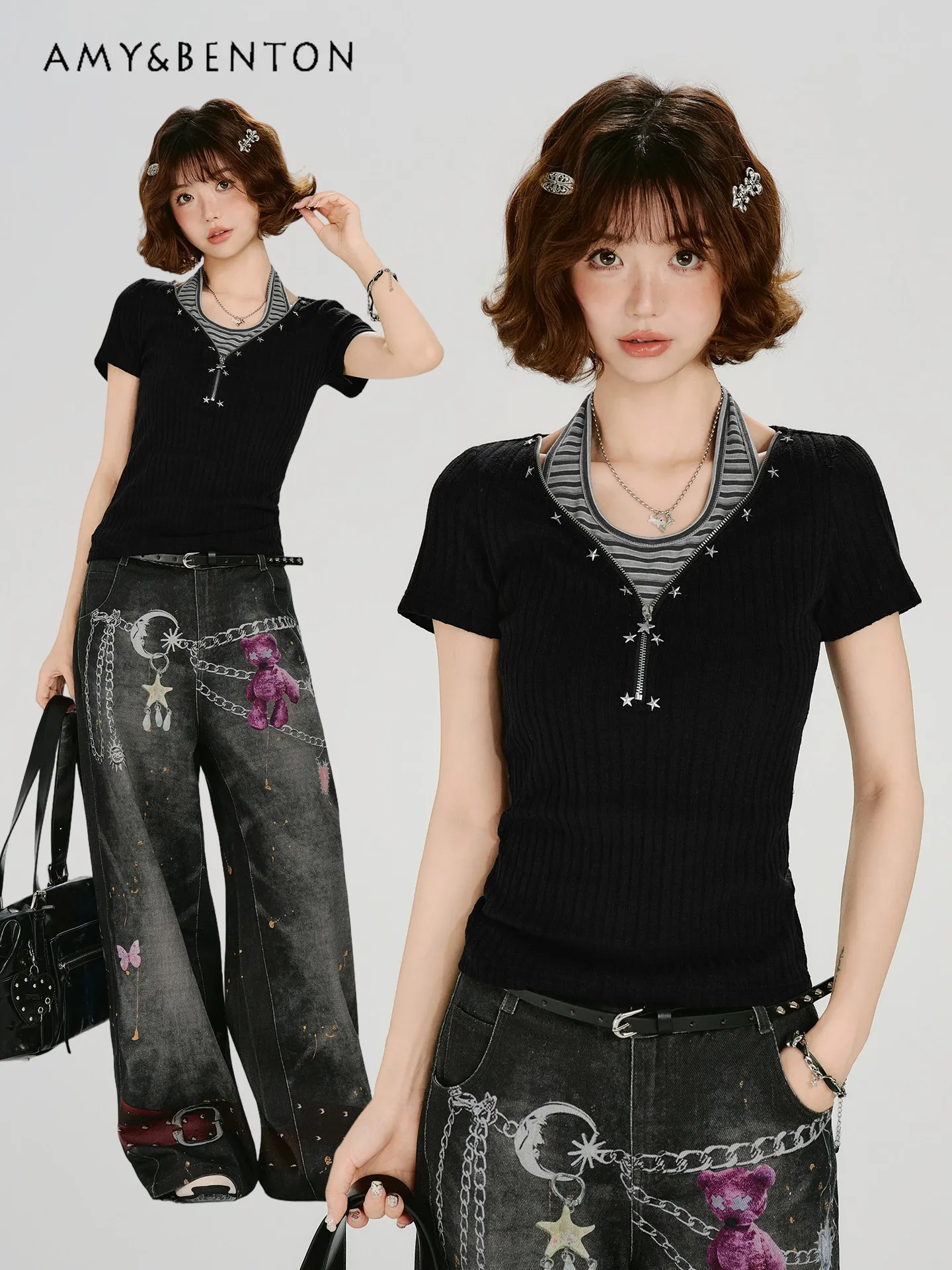 2026 Summer New Y2K American Retro Streetwear Black Halter Fake Two Piece Slim Short Sleeve Knit Tee Top for Women
2026 Summer New Y2K American Retro Streetwear Black Halter Fake Two Piece Slim Short Sleeve Knit Tee Top for Women