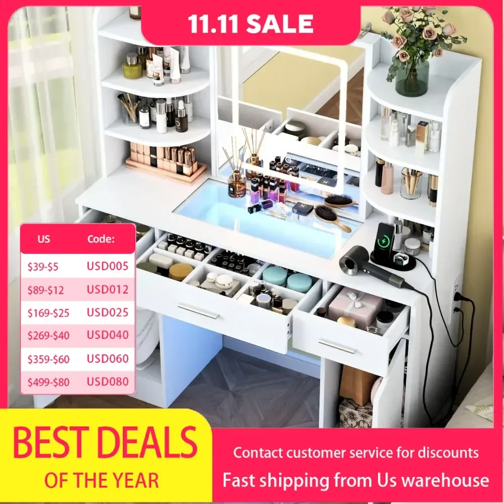 Vanity Desk with Lighted Mirror & Power Outlet, Makeup Vanity Table with 3 Drawers, 6 Shelves & 2 Cabinets, Tempered Glass T
Vanity Desk with Lighted Mirror & Power Outlet, Makeup Vanity Table with 3 Drawers, 6 Shelves & 2 Cabinets, Tempered Glass T