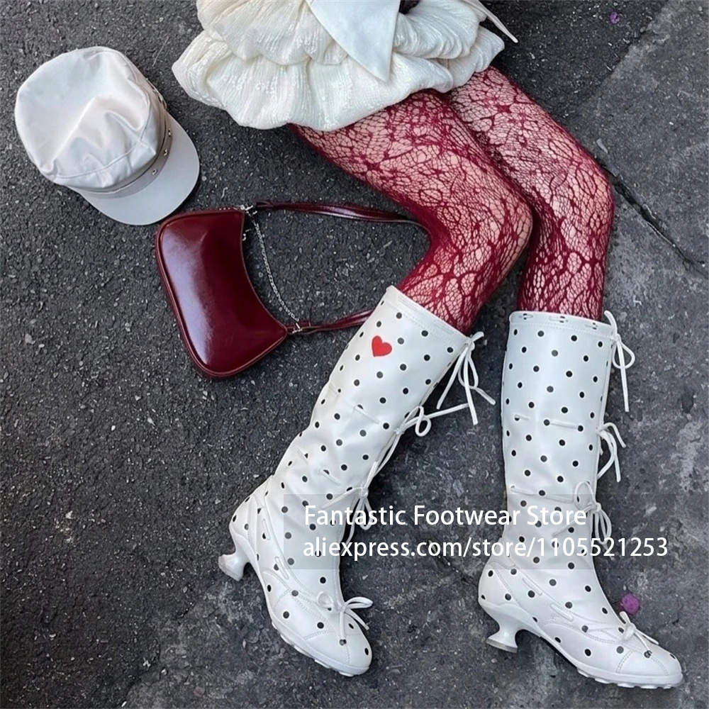 Polka Dot Heart Print Knee High Boots Side Bow Lace Up Low Spool Heel Round Toe White Sweet Casual Fashion Dress Shoes for Women
Polka Dot Heart Print Knee High Boots Side Bow Lace Up Low Spool Heel Round Toe White Sweet Casual Fashion Dress Shoes for Women