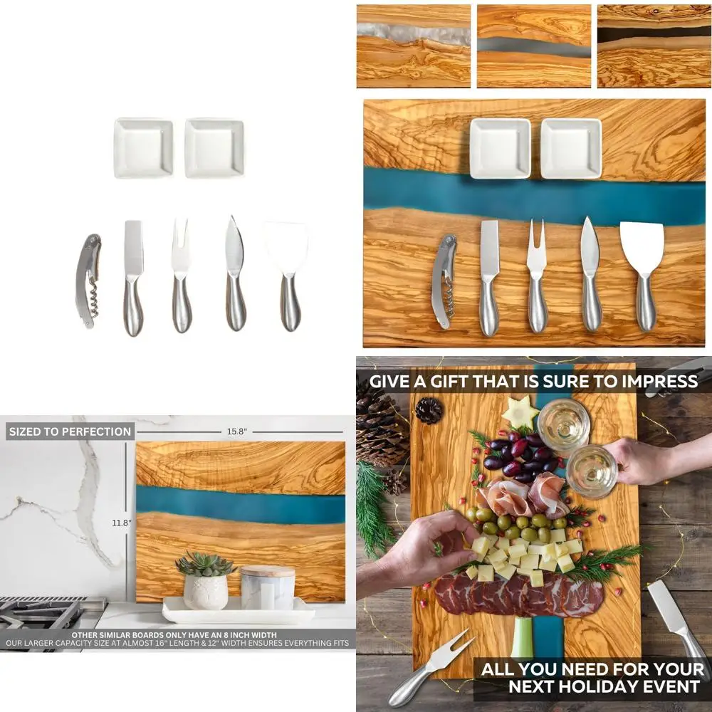 Italian Olive Wood Cheese Board Set with Blue Resin Art, 4 Knives, 2 Bowls, Corkscrew
Italian Olive Wood Cheese Board Set with Blue Resin Art, 4 Knives, 2 Bowls, Corkscrew